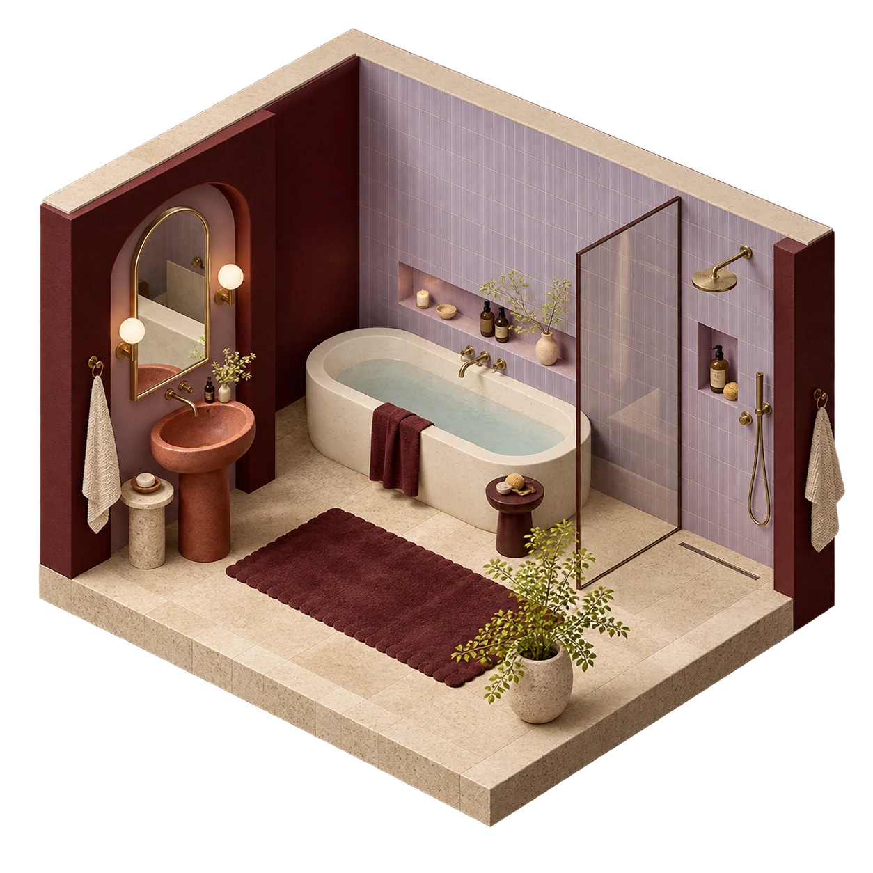 Maqueta isométrica de un baño con bañera exenta y ducha de obra