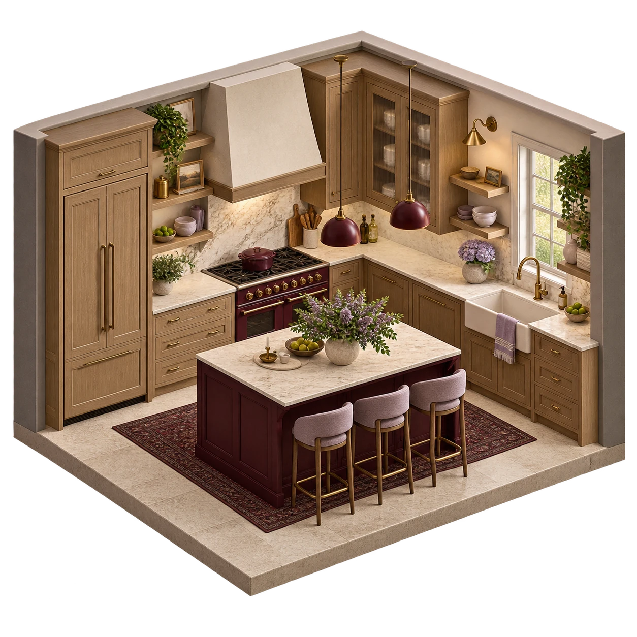 Maqueta isométrica de una cocina con isla central y ventana